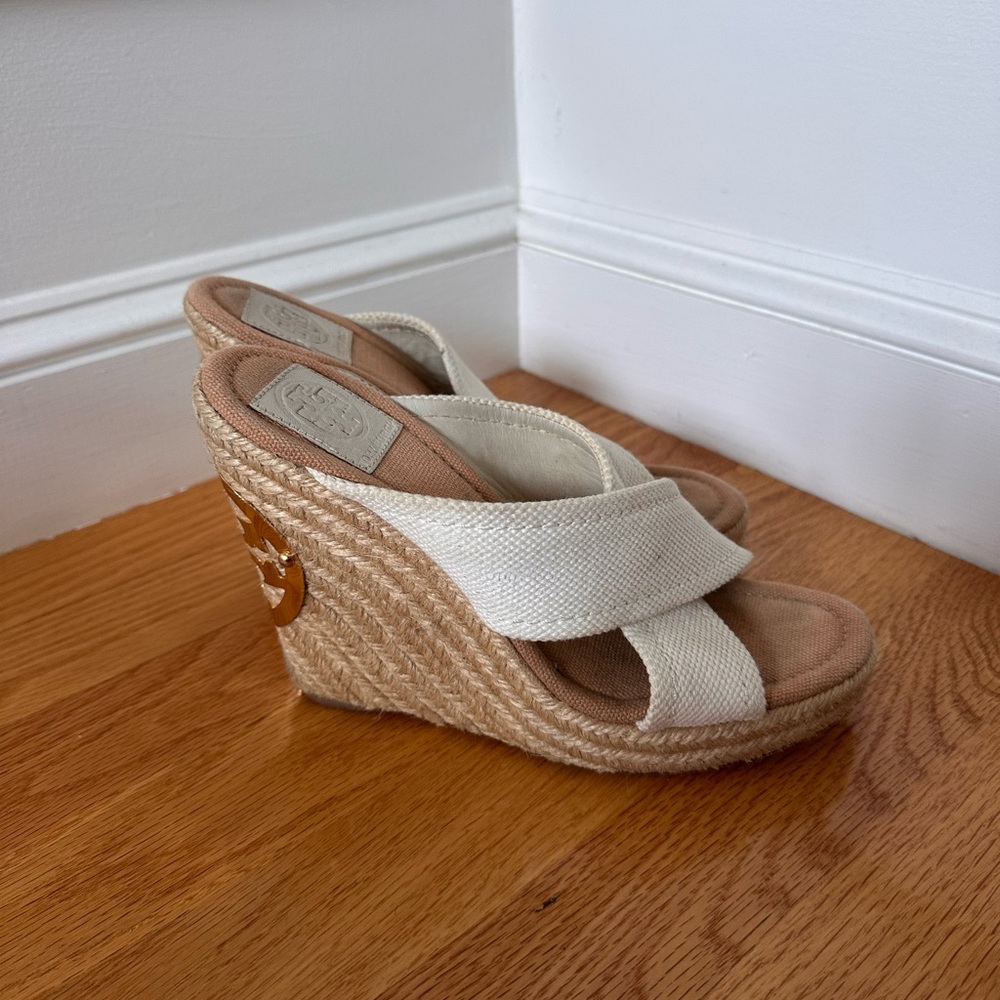 Tory Burch Cream Tan Wedge Espadrilles